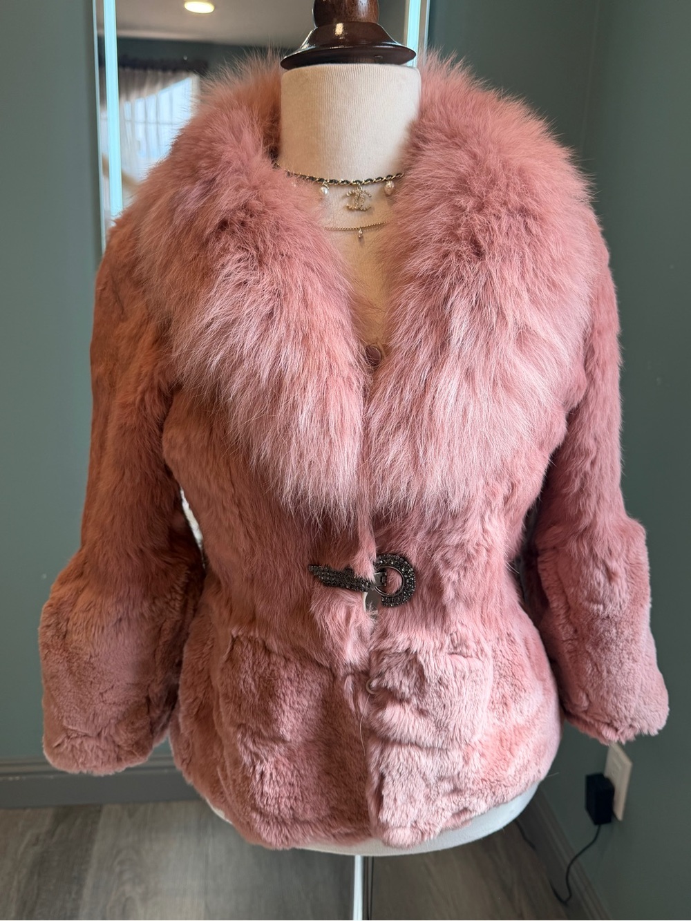 Vintage Pink Rabbit Fur Coat Fox Fur Collar Coquette Mob Wife Y2K S